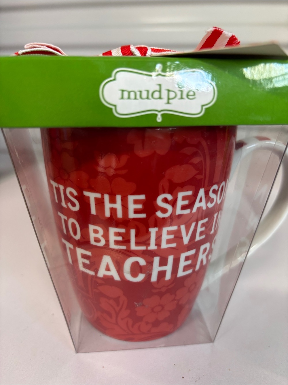 Mud Pie Red Teacher Holiday Mug with White Lettering